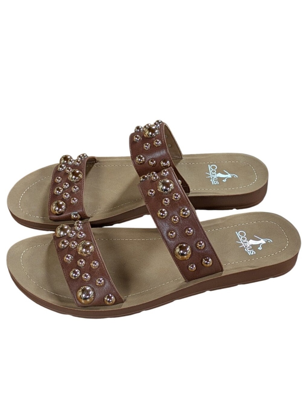 Corky's Bad Romance Gold Dome Studded Slide Sandals Cognac Size 10